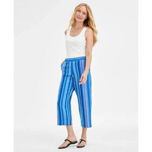 Charter Club 100% Linen Striped Cropped Pants Blue Wide Leg Size XL (16/18)